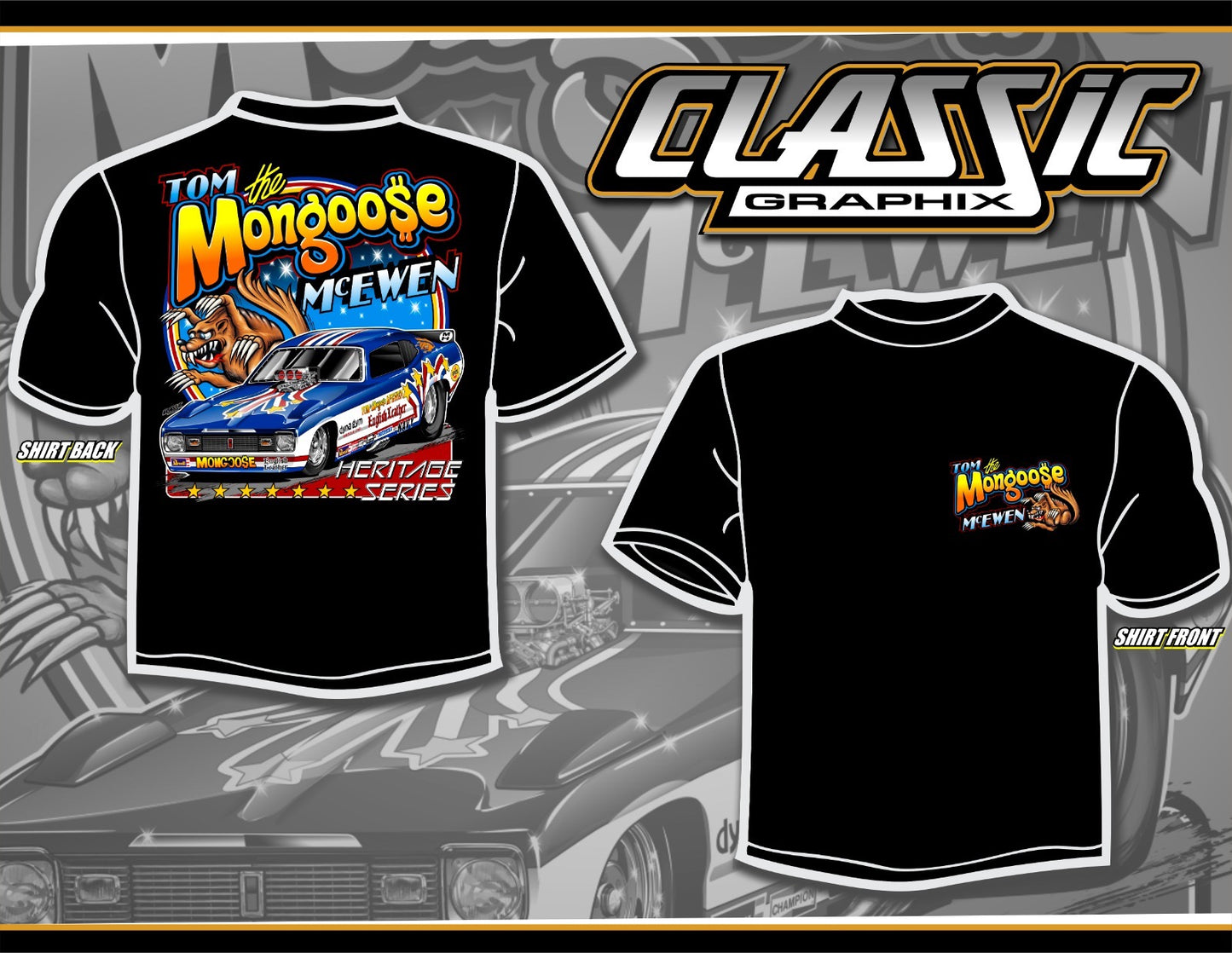 NEW FOR 2026 - TOM McEWEN 1976 PLYMOUTH DUSTER 50TH ANNIVERSARY HERITAGE T-SHIRT