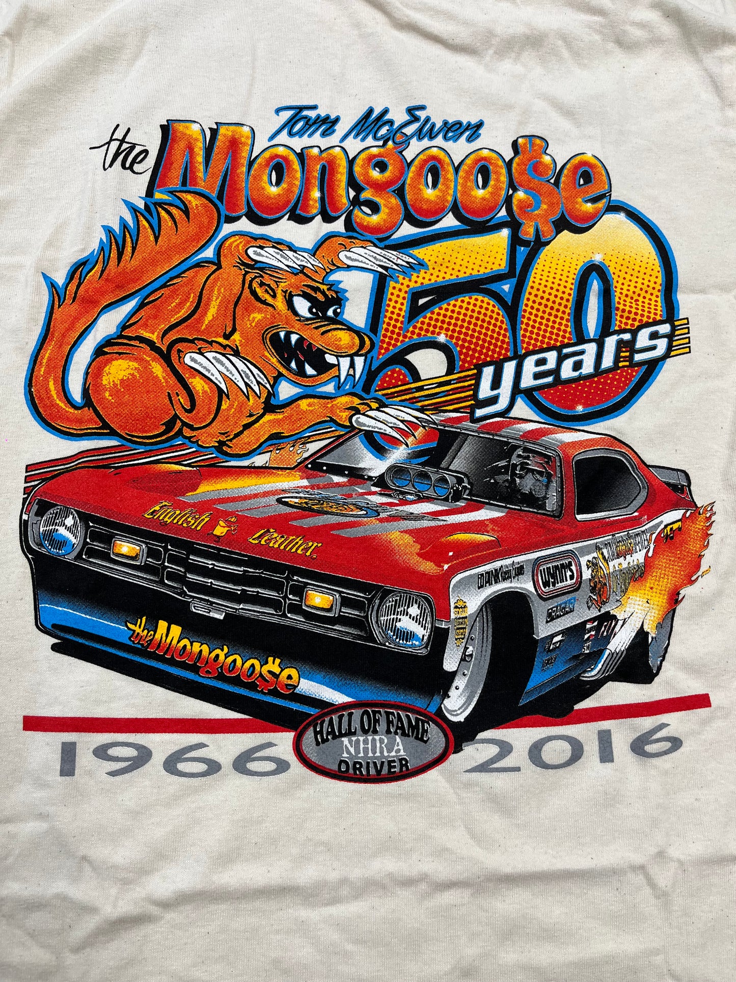 TOM “THE MONGOOSE” McEWEN 50 YEARS OF DRAG RACING SHIRT 🐍🔥