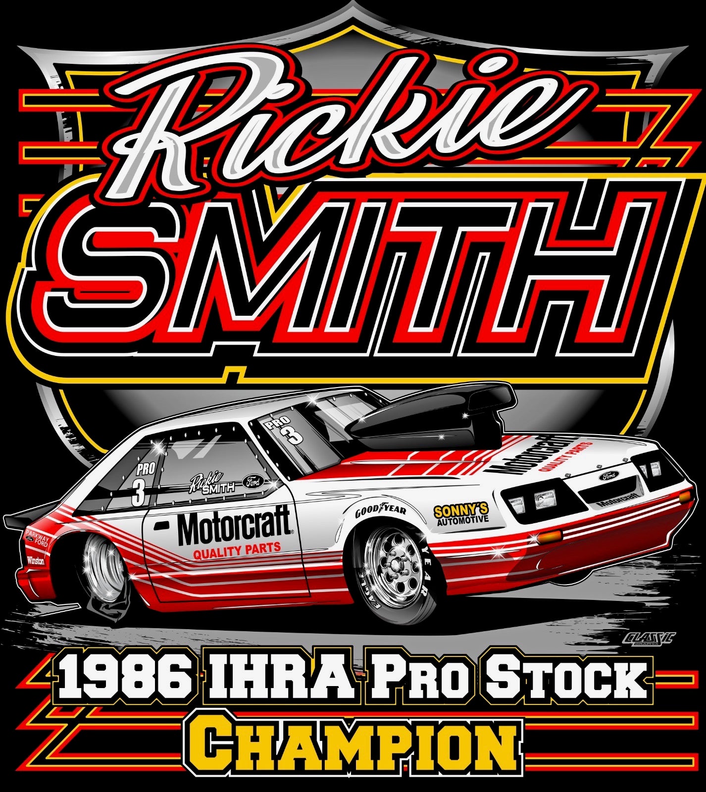 NEW FOR 2026 – RICKIE SMITH 1986 MUSTANG T-SHIRT | IHRA MOUNTAIN MOTOR PRO STOCK CHAMPIONSHIP EDITION